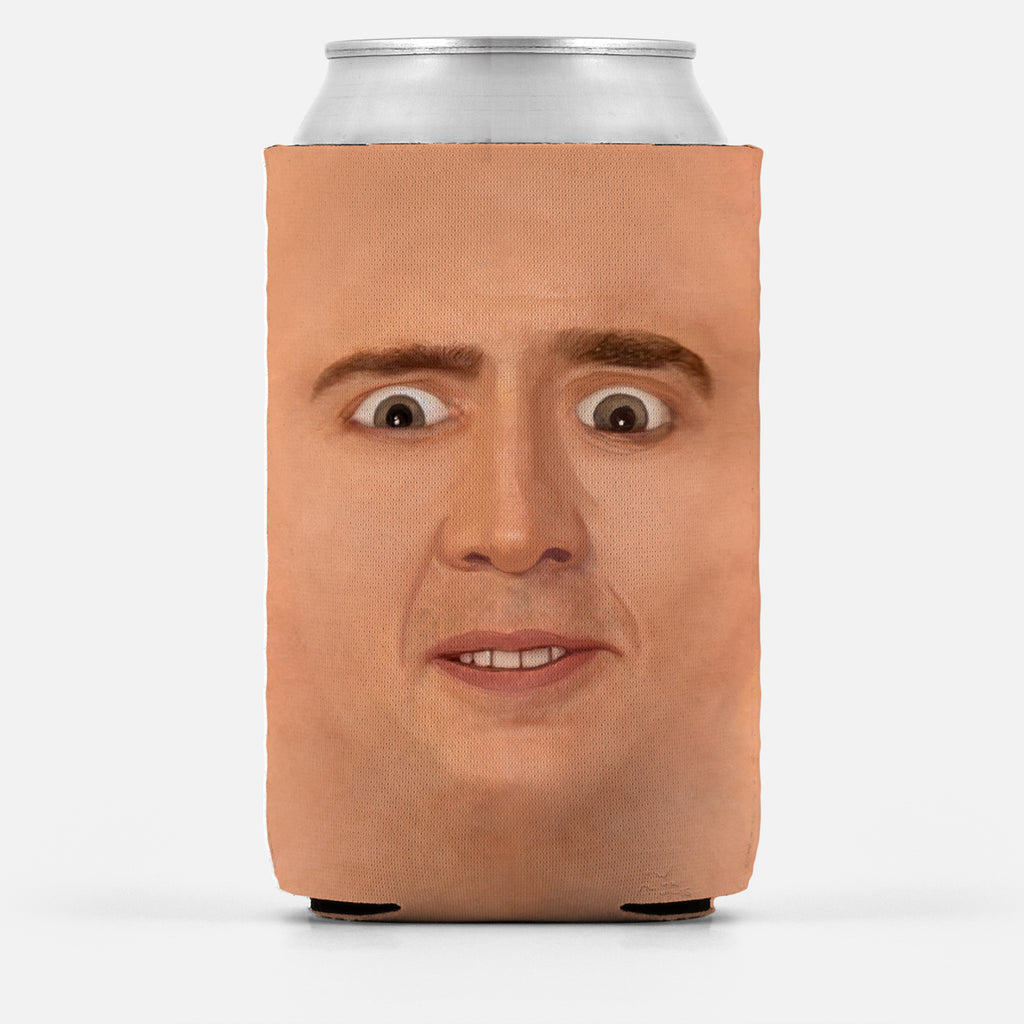 Creepy Cage Face Insulator Sleeve, Funny Weird Meme Can Cooler Wrap-High quality, reusable neoprene beverage insulator sleeve. Fits most standards 12 and 16oz cans or bottles and keeps beverages cold. Easy to clean and foldable for easy storage. Funny Creepy Cage Face weird face off nic meme image. Great gift or drink marker for parties. -