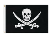 Calico Jack Pirate Jolly Roger Flag, Jack Rackham Skull Crossed Swords-High quality, professionally printed polyester banner pole flag. Single or double sided with grommets or pole pocket. 3x2 / 2x3 ft, 3x5 / 5x3 ft or custom size. Fully customizable on request. Jack Rackham Calico Jack Pirate Jolly Roger Skull and crossbones sword cutlass symbol flag. Boat, ship, cosplay prop replica.-5 ft x 3 ft-Standard-Sleeve (white)-