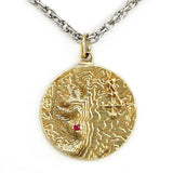 Castle Dracula Map Necklace - Great Classic Vampire Gothic Horror Gift-Solid bronze or brass medallion featuring a topographical map of the Transylvanian mountain range, a blood red imitation garnet stone marking the location of Castle Dracula, Mount Izvorul Calimanului in the Kelemen Alps, Transylvania Romania bordering Moldavia / Moldova. Official Bram Stoker jewelry. Made in USA. -Brass-24" Stainless Steel Curb Chain-