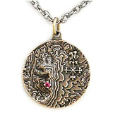 Castle Dracula Map Necklace - Great Classic Vampire Gothic Horror Gift-Solid bronze or brass medallion featuring a topographical map of the Transylvanian mountain range, a blood red imitation garnet stone marking the location of Castle Dracula, Mount Izvorul Calimanului in the Kelemen Alps, Transylvania Romania bordering Moldavia / Moldova. Official Bram Stoker jewelry. Made in USA. -Antiqued Bronze-24" Stainless Steel Curb Chain-