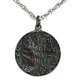 Castle Dracula Map Necklace - Great Classic Vampire Gothic Horror Gift-Sterling Silver medallion featuring a topographical map of the Transylvanian mountain range, a blood red imitation garnet stone marking the location of Castle Dracula, Mount Izvorul Calimanului in the Kelemen Alps, Transylvania Romania bordering Moldavia/Moldova. Officially Licensed Bram Stoker jewelry. Made in USA. -Dark Bronze-24" Stainless Steel Curb Chain-
