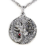 Castle Dracula Map Necklace - Great Classic Vampire Gothic Horror Gift-Sterling Silver medallion featuring a topographical map of the Transylvanian mountain range, a blood red imitation garnet stone marking the location of Castle Dracula, Mount Izvorul Calimanului in the Kelemen Alps, Transylvania Romania bordering Moldavia/Moldova. Officially Licensed Bram Stoker jewelry. Made in USA. -Sterling Silver-24" Stainless Steel Curb Chain-