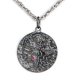 Castle Dracula Map Necklace - Great Classic Vampire Gothic Horror Gift-Sterling Silver medallion featuring a topographical map of the Transylvanian mountain range, a blood red imitation garnet stone marking the location of Castle Dracula, Mount Izvorul Calimanului in the Kelemen Alps, Transylvania Romania bordering Moldavia/Moldova. Officially Licensed Bram Stoker jewelry. Made in USA. -Dark Sterling Silver-24" Stainless Steel Curb Chain-