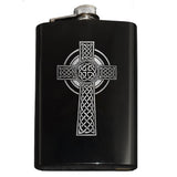 -Engraved 8oz Top Shelf Stainless Steel Hip / Pocket Flask with easy closure screw cap lid. Optional customized engraving, funnel, gift box with cups, etc. Ships from USA. Quality drinking liquor drinker gift idea portable alcohol flask . Celtic cross irish scottish celt st patricks day ireland christian knotwork cross-
