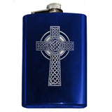 -Engraved 8oz Top Shelf Stainless Steel Hip / Pocket Flask with easy closure screw cap lid. Optional customized engraving, funnel, gift box with cups, etc. Ships from USA. Quality drinking liquor drinker gift idea portable alcohol flask . Celtic cross irish scottish celt st patricks day ireland christian knotwork cross-