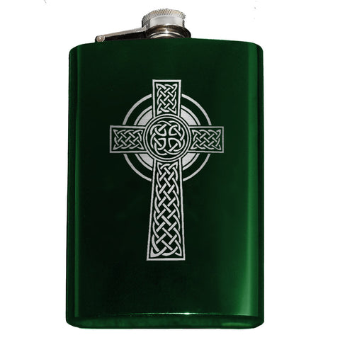 -Engraved 8oz Top Shelf Stainless Steel Hip / Pocket Flask with easy closure screw cap lid. Optional customized engraving, funnel, gift box with cups, etc. Ships from USA. Quality drinking liquor drinker gift idea portable alcohol flask . Celtic cross irish scottish celt st patricks day ireland christian knotwork cross-