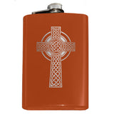 -Engraved 8oz Top Shelf Stainless Steel Hip / Pocket Flask with easy closure screw cap lid. Optional customized engraving, funnel, gift box with cups, etc. Ships from USA. Quality drinking liquor drinker gift idea portable alcohol flask . Celtic cross irish scottish celt st patricks day ireland christian knotwork cross-