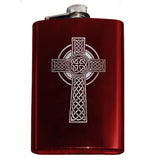 -Engraved 8oz Top Shelf Stainless Steel Hip / Pocket Flask with easy closure screw cap lid. Optional customized engraving, funnel, gift box with cups, etc. Ships from USA. Quality drinking liquor drinker gift idea portable alcohol flask . Celtic cross irish scottish celt st patricks day ireland christian knotwork cross-
