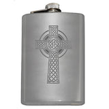 -Engraved 8oz Top Shelf Stainless Steel Hip / Pocket Flask with easy closure screw cap lid. Optional customized engraving, funnel, gift box with cups, etc. Ships from USA. Quality drinking liquor drinker gift idea portable alcohol flask . Celtic cross irish scottish celt st patricks day ireland christian knotwork cross-