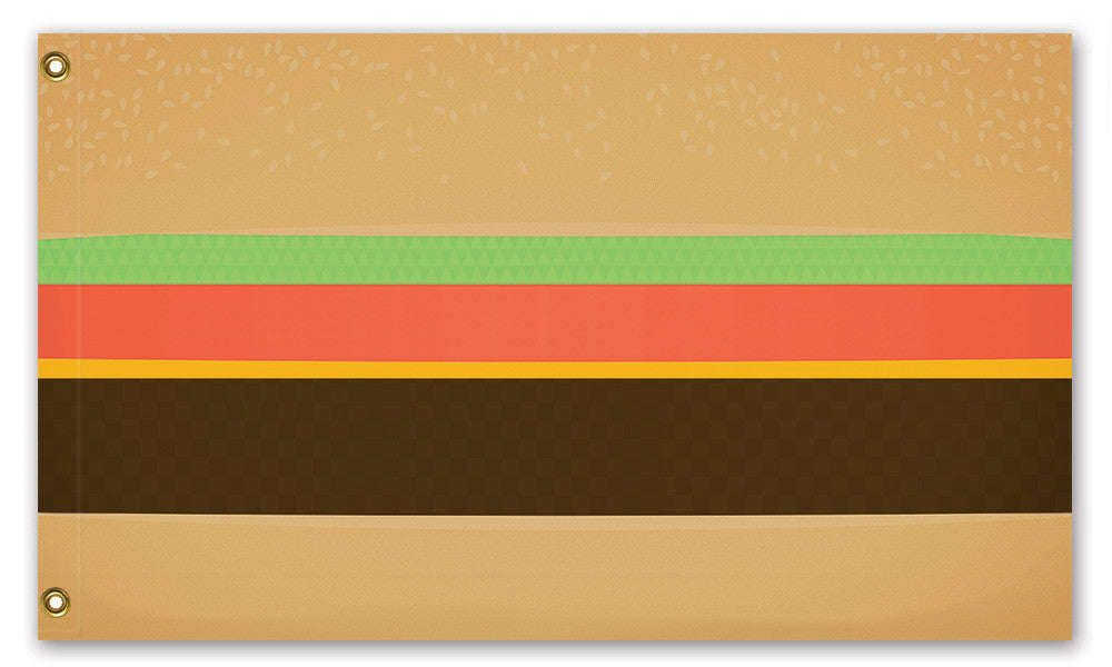 Burger Kingdom Flag, Funny Weird Fictional Cheeseburger Country State-High quality, professionally made polyester flag. Single or double-sided with grommets or pole sleeve. 2x1ft/1x2ft, 3x2ft/2x3ft, 5x3ft/3x5ft, custom. Custom by request. Funny, weird fictional country state cheeseburger hamburger burger cookout grill king dad fathers day grilling i can has burger meme fast food advertising -