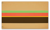 Burger Kingdom Flag, Funny Weird Fictional Cheeseburger Country State-High quality, professionally made polyester flag. Single or double-sided with grommets or pole sleeve. 2x1ft/1x2ft, 3x2ft/2x3ft, 5x3ft/3x5ft, custom. Custom by request. Funny, weird fictional country state cheeseburger hamburger burger cookout grill king dad fathers day grilling i can has burger meme fast food advertising -