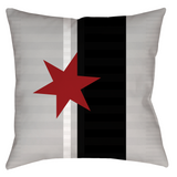 -Square throw pillow in spun polyester or synthetic suede. Retro vintage style grayscale striped design with six sided star accent. -
