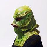 -High quality, detailed latex rubber full over-the-head mask with partial shoulder and breastplate. One size fits most. Free shipping. Classic sci-fi science fiction b-movie horror merman aquatic monster mask halloween costume cosplay tropical lagoon black water lake beast mutant reptile fish man best universal fit-