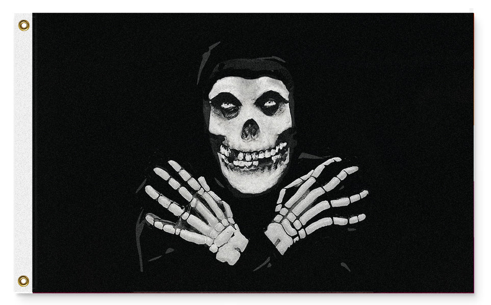 Crimson Ghost Flag - 3x2ft or 5x3ft High Quality - Retro Horror Serial-High quality, single or double sided polyester banner pole flag. 3x2 2x3 3x5 5x3 ft or custom size. Fiends and misfits, punk rock and classic horror fans hooded grim reaper death skeleton villain goth festival jolly roger, fiend monster creature, black or crimson with iconic white skull and hands ghoul logo, halloween-3 ft x 2 ft - Black-Standard-Grommets-