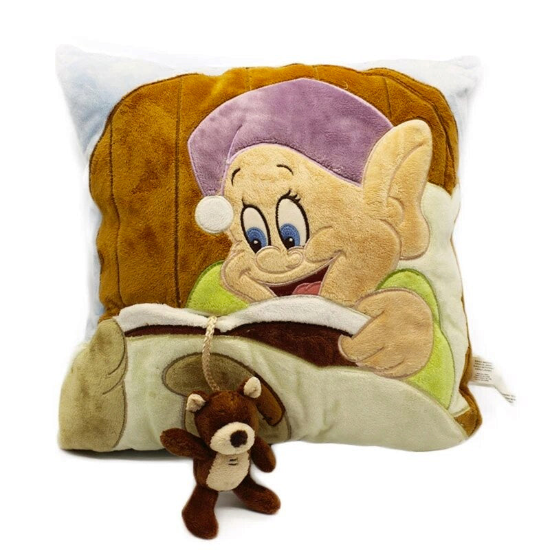 -Super cute soft stitched plush pillow featuring Dopey from Snow White and the 7 Dwarfs tucked in bed and reading a storybook with hidden pocket holding his attached stuffed teddy bear.High quality, 30cm/12.6in. Imported, Free shipping Disney sleepy goodnight kids pillow throw cushion snuggle toy bedding gift for child-