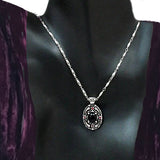 Dracula Life/Death Pendant Necklaces, Sterling Silver Vampire Jewelry-Sterling Silver Bram Stoker's Dracula Life or Death pendant necklace representing elements of the classic, world famous gothic horror vampire story. Choice of central stone, a red lab-grown star ruby or natural black onyx. 20 inch stainless steel drip chain. Handcrafted Fine Silver Jewelry. Made in the USA. -