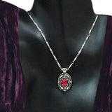 Dracula Life/Death Pendant Necklaces, Sterling Silver Vampire Jewelry-Sterling Silver Bram Stoker's Dracula Life or Death pendant necklace representing elements of the classic, world famous gothic horror vampire story. Choice of central stone, a red lab-grown star ruby or natural black onyx. 20 inch stainless steel drip chain. Handcrafted Fine Silver Jewelry. Made in the USA. -