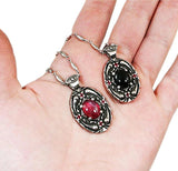 Dracula Life/Death Pendant Necklaces, Sterling Silver Vampire Jewelry-Sterling Silver Bram Stoker's Dracula Life or Death pendant necklace representing elements of the classic, world famous gothic horror vampire story. Choice of central stone, a red lab-grown star ruby or natural black onyx. 20 inch stainless steel drip chain. Handcrafted Fine Silver Jewelry. Made in the USA. -