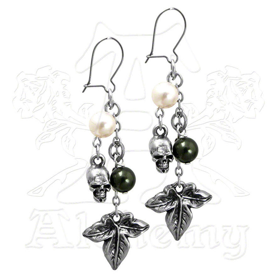 -Alchemy Gothic Poison Ivy Dangle Earrings Delicate, pearl-dripped visions of sylvan idyll, bely their token message of bitterness and misandry. A pair of faux-pearl and pewter earrings of ivy and skulls hand crafted in Sheffield England of lead-free, fine English pewter with stainless steel ear wires. Each earring measures roughly 2.6" long, 0.83" wide & 0.35" deep. Genuine Alchemy Gothic product - Brand New with Alchemy Lifetime Guarantee-Green-