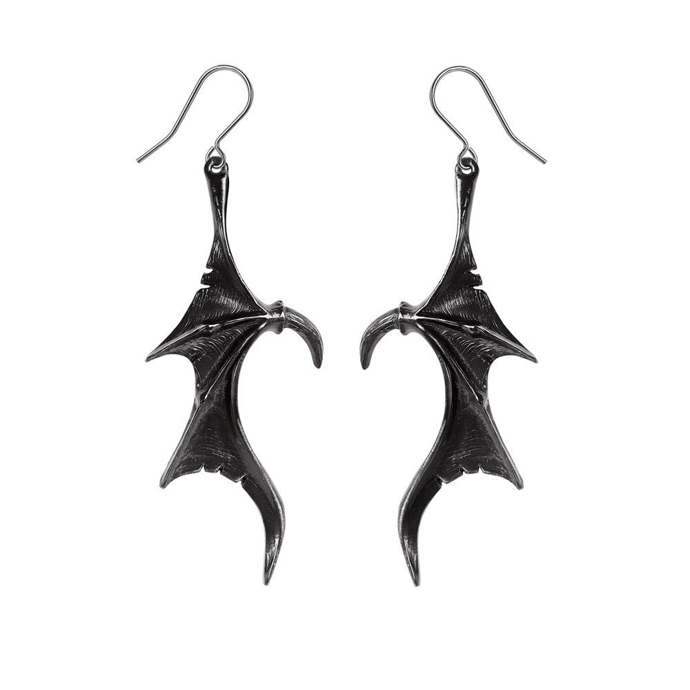-Taking flight from a subterranean lair, to whisper blessings on a phantom zephyr. So gracing the chosen ones of the dark goddess, with the wings of midnight. Two black pewter earrings of symmetrically opposite dragon wings on surgical steel ear-wires. Handcrafted in the UK. Genuine Alchemy product. Ships from the USA.-