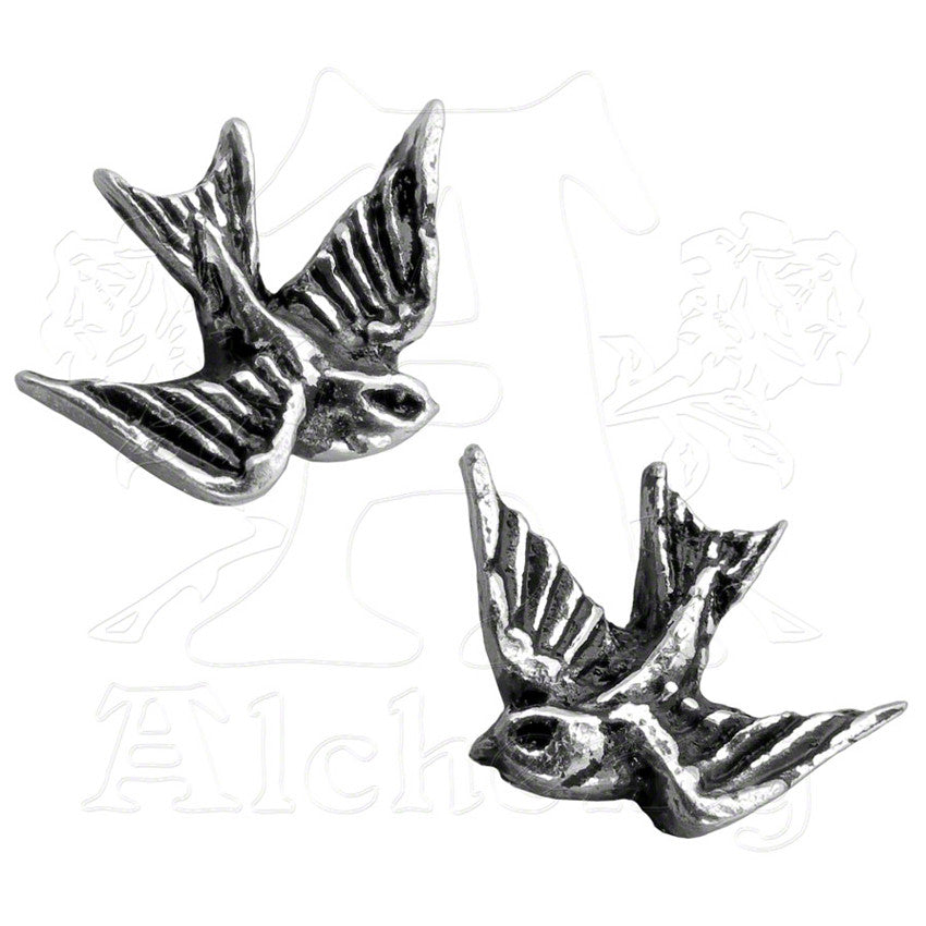-Alchemy of England Sparrow / Swallow Stud Earrings - Swooping swallows, willingly risk their lives to adorn and protect you. -Silvertone-