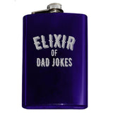 -Custom dad joke gift for the father who drinks and tells dad jokes. Engraved 8oz Top Shelf Stainless Steel Flask with easy closure screw cap lid. Measures 5.5" tall and 3.75" wide and holds eight shots. Optional funnel or gift box with funnel and shot glasses. -Purple-Just the Flask-725185479396