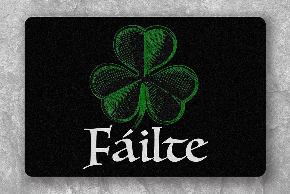 Failté Shamrock Doormat, Gaelic Welcome Mat, Irish / Scottish / Celtic-High quality 23.6 x 15.7in (60x40cm) doormat / floor mat. Professionally printed, durable & colorfast non-woven polyester fiber top, non-slip bottom. Indoor / outdoor use. Free Shipping Worldwide. Failté Shamrock Door Mat. Irish and Scottish gaelic Failte welcome mat. Ireland Scotland celtic Isle of Man St Patricks Day-