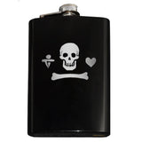Calico Jack Pirate Jolly Roger Flask-Custom Gentleman Pirate Skull, Heart and Dagger Jolly Roger Symbol Flask. The perfect hip flask for your grog! Engraved 8oz Stainless Steel Flask with easy closure screw cap lid. Holds eight shots. This item is fully customizable. Can be customized. Optional funnel or gift box with funnel and shot glasses.-Black-Just the Flask-725185479327