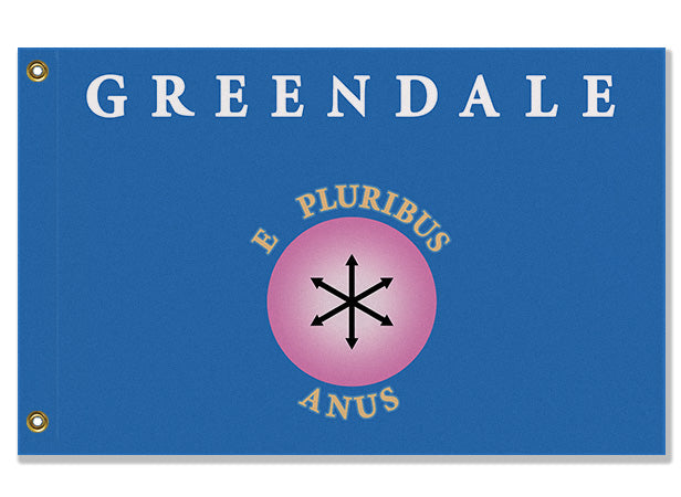 Greendale CC Flag, Custom Cosplay Prop Replica Pole Banner Flag-High quality, professionally printed custom polyester banner pole flag. Single or double sided with either grommets or pole pocket. 2x1 / 1x2 ft, 3x2 / 2x3 ft, 3x5 / 5x3 ft or custom size. Fully customizable on request. Community college E Pluribus Anus flag tv meme cosplay photo prop replica banner-3 ft x 2 ft-Standard-Grommets-