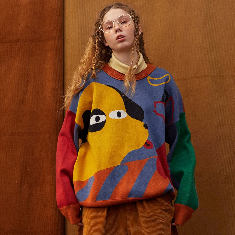 -High quality polyester and acrylic wool knit sweater. One size, see measurements. Free shipping from abroad. women's unisex oversize boyfriend sweater artsy abstract cartoon dog color block fashion jumper dogger doggy puppy pupper harajuku pullover unusual strange y2k alternative style on trend -