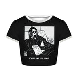 Chilling and Killing Grim Reaper Ringer Elasticized Crop Top-Black and white ringer style elasticized crop top with high quality print.Free Shipping Worldwide. Typically ships in 2-3 days. Funny "Chilling, Killing" Grim Reaper Death Goth Gothic Harajuku Short Stretchy Shiny, Tight and Slim Retro Graphic Tee, Elastic T-shirt, Midriff Womens Juniors Dark Fashion Top -