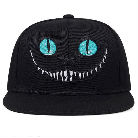 -High quality black cap with embroidered cheshire cat face on front, "most everyone's mad here" on the reverse and "you may have noticed that I'm not all there myself" under the brim. One size fits most with snapback adjustment. Free shipping. Alice in Wonderland fantasy gothic-