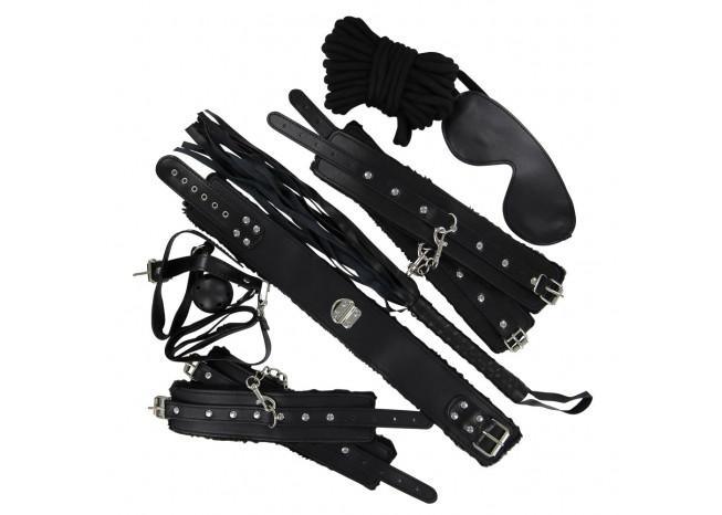 -This luxurious 8-piece faux leather & steel set offers the perfect combination for your most action packed weekends. Top quality; ready for performance. 15 Tail Flogger, Soft Cotton Bondage Rope, Blindfold, Breathable Ball Gag, Leash and Collar, Wrist & Leg Cuff and Chain, kinky light bondage pet play bdsm starter kit -
