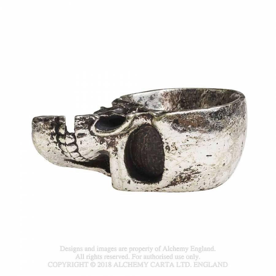 -A shallow skull shaped decorative trinket dish made of cast polyresin, hand painted and finished. Measures approximately 3.54in, 1.57in deep. Genuine Alchemy product. Shipped from the USA. goth gothic home decor valet tray jewelry plate skeleton halloween party table decoration punk rock accessory morbid creepy dark-