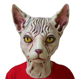 -Quality latex over-the-head Sphynx hairless cat breed mask. One size fits most. Free shipping. All profits from sales of this mask will inevitably go to meet the continual demands of our very own Ichabod Spinx! Funny unique wrinkly kitty un-furry weird halloween costume animal cosplay mask creepy cat overhead -