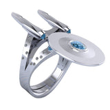 -Federation starship shaped silver plated ring with cubic zirconia stones. Free shipping from abroad with average delivery to the US in 2-3 weeks.

Trekker Trekkie USS Enterprise NCC NX fashion jewelry fan gift space universe scifi sci-fi science fiction TNG OS -7 US-