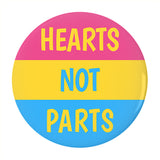 Hearts Not Parts Pansexual Pride Buttons 1.25, 2.26 or 3in LGBTQIA Pin-High quality scratch and UV resistant mylar & metal pinback button. 1.25, 2.25 or 3 inches. Custom made Pan Pansexual LGBTQ LGBTQIA LGBTQX Pride Pin - Equal Rights, Equality Flag Stripes. Hearts Not Parts. Love is Love. -2.25 inch Round Button-