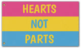Hearts Not Parts Pansexual Pride Flag, LGBTQ LGBTQIA Love is Love-High quality, professionally printed polyester banner pole flag in your choice of size and style - single or double sided with either grommets or pole pocket. 2x1 / 1x2 ft, 3x2 / 2x3 ft, 3x5 / 5x3 ft or custom size. Fully customizable on request. Pan pansexual LGBTQ LGBTQIA LGBTQX pole banner Pride flag. Love is Love.-
