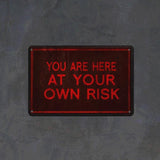 Creepy YOU ARE HERE AT YOUR OWN RISK Metal Warning Sign, Horror Gothic-Foreboding 'You Are Here At Your Own Risk' Sign - Rust and fade resistant 8x12 inch metal sign. Free Shipping Worldwide. This item is made-to-order and usually ships in 3-5 business days from abroad. Typically arrives in about 2 weeks to the USA. Gothic horror warning caution sign. Haunted house decor. Red and black.-