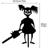 -Creepy cute horror kids silhouette sculptures. Strong, durable metal. Weatherproof, anti-corrosion black powder coating. Fun outdoor Halloween, horror fan or gothic home and garden decorations. Free shipping. yard decor zombie girl with doll or chainsaw pumpkin head & skull boy w/hellhound trick or treat lawn ornament-