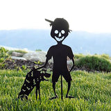 -Creepy cute horror kids silhouette sculptures. Strong, durable metal. Weatherproof, anti-corrosion black powder coating. Fun outdoor Halloween, horror fan or gothic home and garden decorations. Free shipping. yard decor zombie girl with doll or chainsaw pumpkin head & skull boy w/hellhound trick or treat lawn ornament-Zombie Boy and Hellhound-