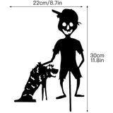 -Creepy cute horror kids silhouette sculptures. Strong, durable metal. Weatherproof, anti-corrosion black powder coating. Fun outdoor Halloween, horror fan or gothic home and garden decorations. Free shipping. yard decor zombie girl with doll or chainsaw pumpkin head & skull boy w/hellhound trick or treat lawn ornament-