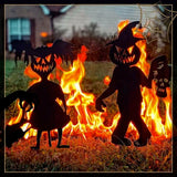 -Creepy cute horror kids silhouette sculptures. Strong, durable metal. Weatherproof, anti-corrosion black powder coating. Fun outdoor Halloween, horror fan or gothic home and garden decorations. Free shipping. yard decor zombie girl with doll or chainsaw pumpkin head & skull boy w/hellhound trick or treat lawn ornament-