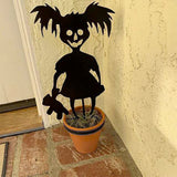 -Creepy cute horror kids silhouette sculptures. Strong, durable metal. Weatherproof, anti-corrosion black powder coating. Fun outdoor Halloween, horror fan or gothic home and garden decorations. Free shipping. yard decor zombie girl with doll or chainsaw pumpkin head & skull boy w/hellhound trick or treat lawn ornament-