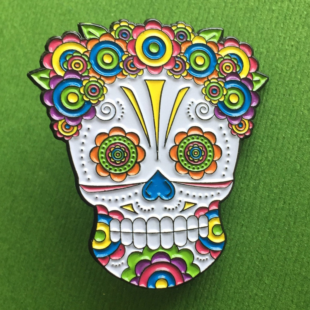 -Lady Sugar Skull soft enamel pin. She has lots of detailed features filled in with bright colors and a lovely floral head piece. Soft enamel pin measuring approximately 1.5in with 2 posts and rubber pin back. Shipped from the USA. Halloween dia de los muertos pinback bag backpack hat accessory badge g-