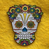 -Lady Sugar Skull soft enamel pin. She has lots of detailed features filled in with bright colors and a lovely floral head piece. Soft enamel pin measuring approximately 1.5in with 2 posts and rubber pin back. Shipped from the USA. Halloween dia de los muertos pinback bag backpack hat accessory badge g-