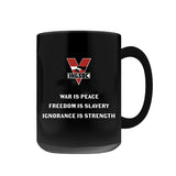 INGSOC Insignia Mug, Black 11oz or 15oz, Anti-Fascist 1984 Propaganda-Premium quality black mug in your choice of 11oz or 15oz. High quality, durable ceramic. Microwave safe, hand washing recommended to help prevent fading.Large emblem on one side, smaller emblem and "war is peace. freedom is slavery. ignorance is strength" motto on the reverse.Made-to-order shipped from the USA.-