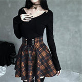 Kenicke Retro High-Waist Gothic A-Line Tartan Skirt, Red Black Plaid -Orange and Black-S-