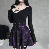 Kenicke Retro High-Waist Gothic A-Line Tartan Skirt, Red Black Plaid -Blue and Black-S-