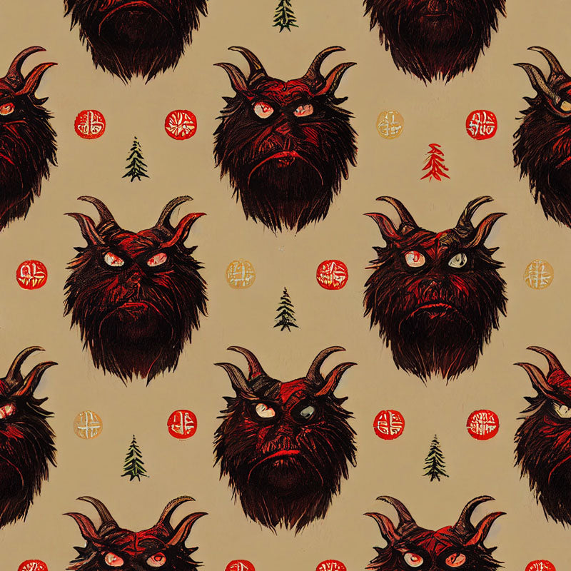 -58" x 23" rolls of high quality 5.93oz gift wrap. Free Shipping. 25% off 2 or more rolls w/code 'WRAPPERSDELIGHT' at checkout. krampus christmas devil fun funny belsnickel bad santa demon goth gothic knecht ruprecht pelznickel horned xmas monster horror scary creepy weird unique unusual trendy designer giftwrap-A-58" x 23"-